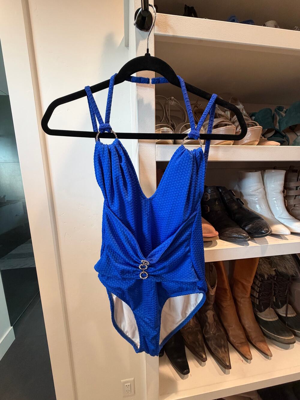 NWT bright blue Jayme Shaw pageant swim suit size large